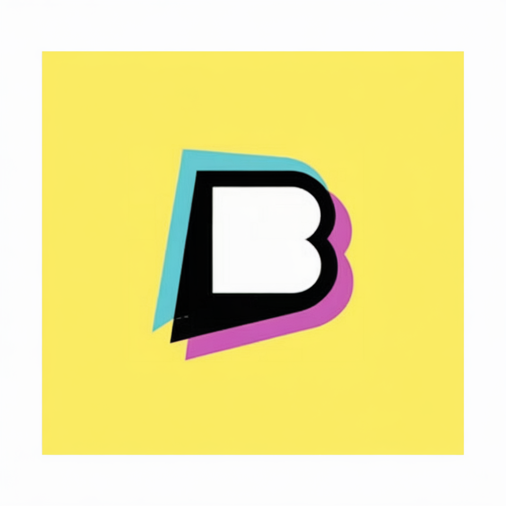 字母 'B' 以鮮艷的黃色背景為襯托。這個字母 'B' 由三個不同的層次組成：一個白色的大寫 'B'、一個黑色的小寫 'b'，以及它們之間的粉紫色層。這個設(shè)計給字母帶來立體的外觀，粉紫色的層看起來稍微重疊在黑色層上。,logo icon